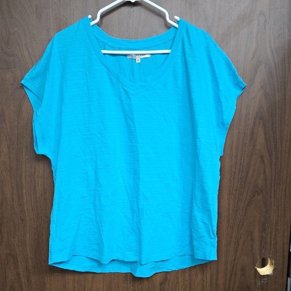 Santana Size 1X Light Blue Textured Knit V-Neck T-Shirt